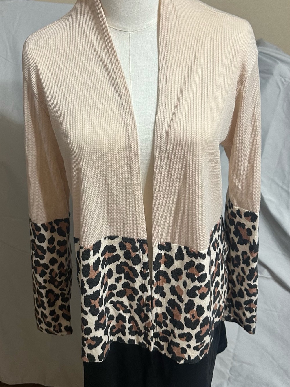 Tan Open Front Leopard-Trim Women’s Sweater